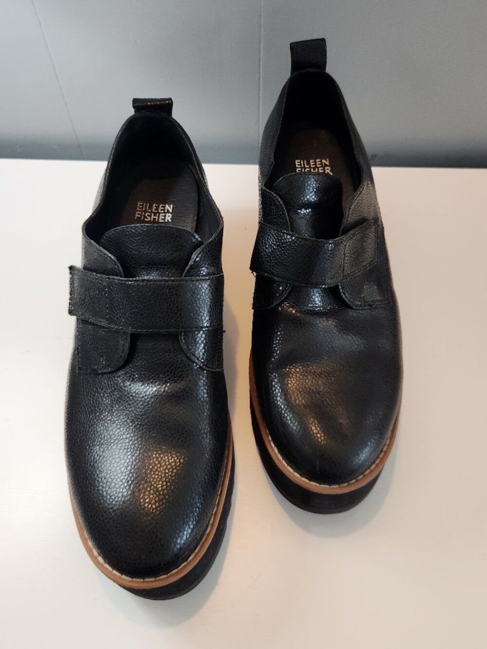 Eileen Fisher Black Leather Platform Slip-On Shoes Loafers - Picture 3 of 11